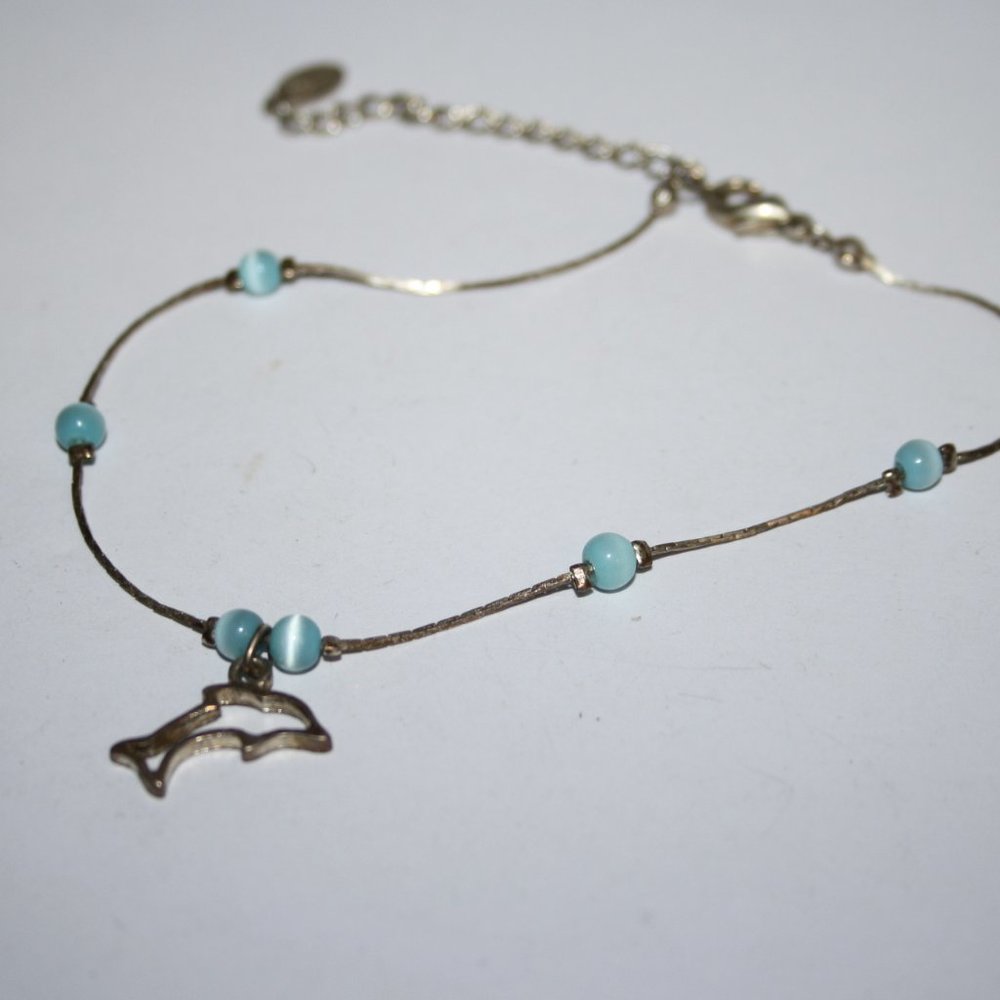 Beautiful silver and blue cats eye dolphin ankle bracelet 9.5-11.5"